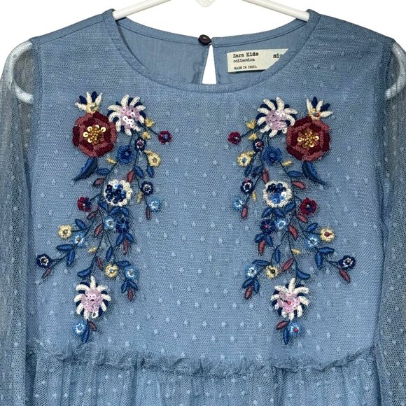 Zara Embroidered Tulle Dress Blue Floral Girls 6 - Picture 3 of 12